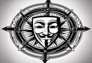 Centered v for vendetta, mask only. No hat.   Vintage compass surround. Crossed fencing swords. Pop art tattoo idea