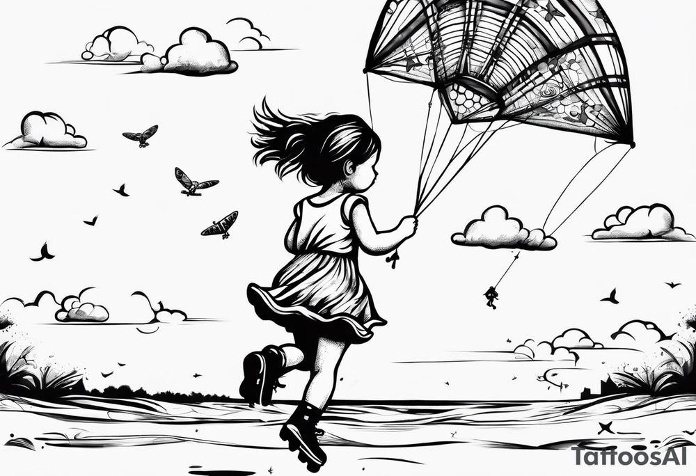 a little girl running with a kite and a teddy bear on roller skates following her with the words "Go Fly A Kite" tattoo idea