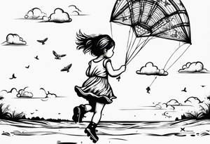 a little girl running with a kite and a teddy bear on roller skates following her with the words "Go Fly A Kite" tattoo idea