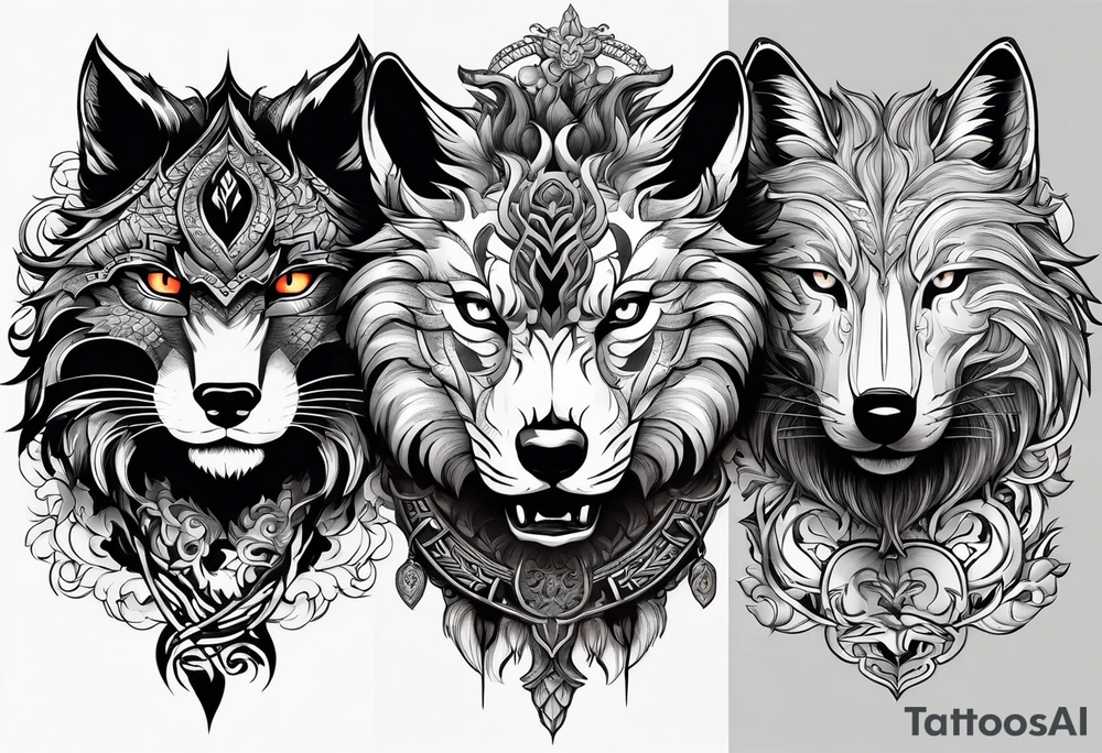 three animal heads merged: 

1. A chinese dragons head (on the left)
2. A Feline cats head(in the middle)
3. A Wolves Head (on the right) tattoo idea