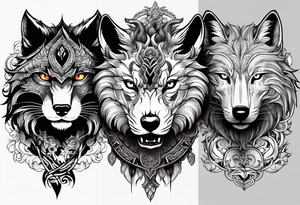three animal heads merged: 

1. A chinese dragons head (on the left)
2. A Feline cats head(in the middle)
3. A Wolves Head (on the right) tattoo idea