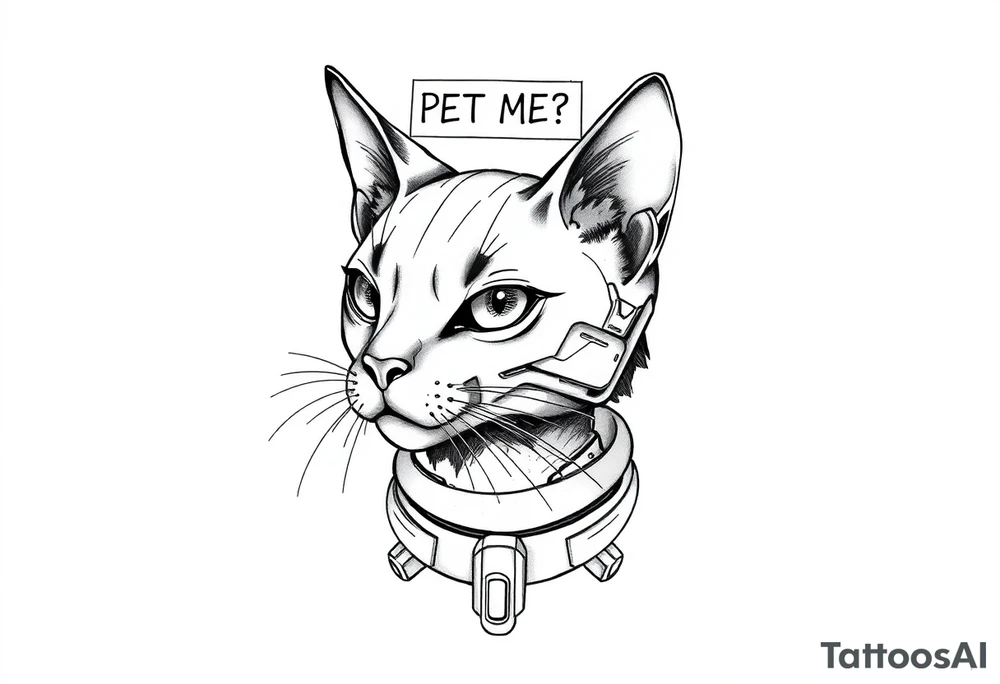 Cybernetic Cat with a Holographic CollarA sleek, cyberpunk cat with one glowing eye and mechanical enhancements.A floating AR display above its head showing "PET ME?"Whiskers made of thin fiber-optic cables. tattoo idea