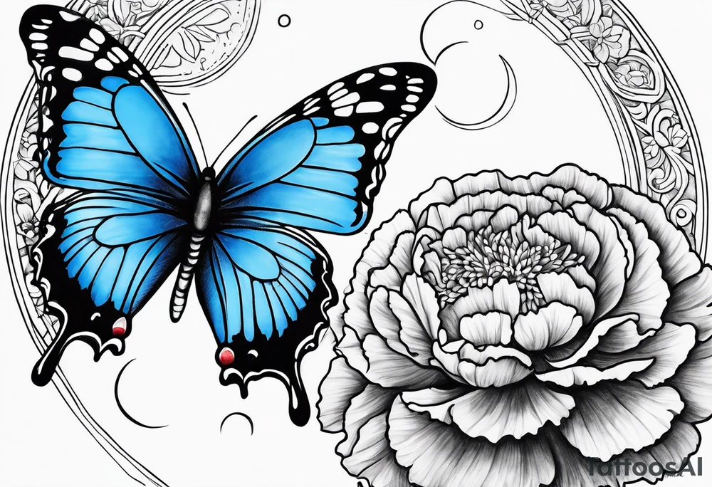 Blue butterfly moon carnations tattoo idea