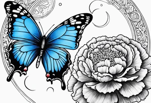 Blue butterfly moon carnations tattoo idea