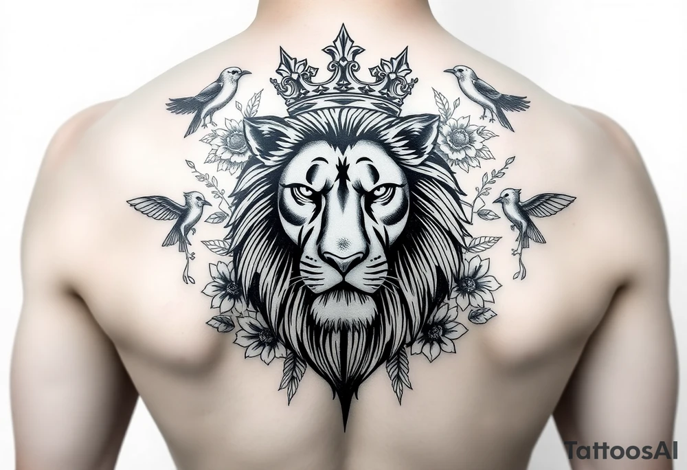 powerful majestic lion with a crown, surrounded by floral ornaments and birds tattoo idea
