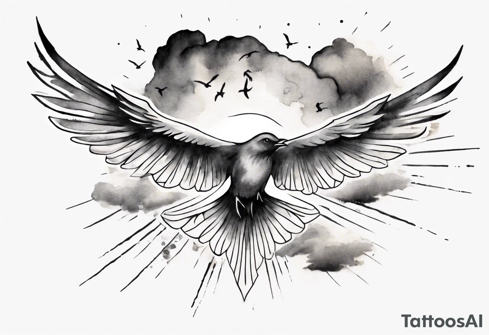 a shoulder tattoo with lots of rays of light in gradient starting from the middle
, clouds and birds flying free tattoo idea