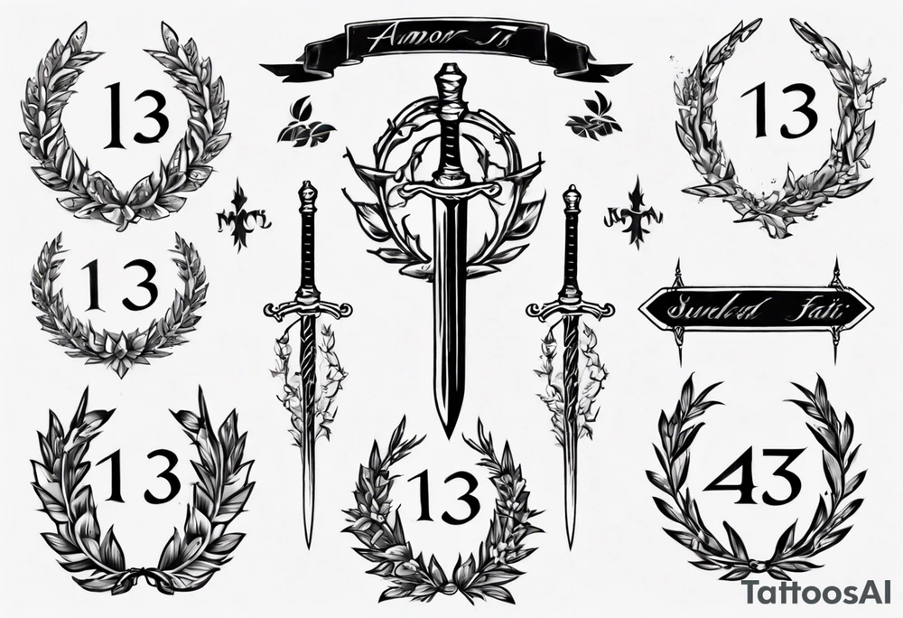 memorial tattoo using number 13, a sword, laurel leaf wreath, amor fati tattoo idea
