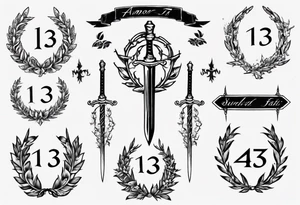 memorial tattoo using number 13, a sword, laurel leaf wreath, amor fati tattoo idea