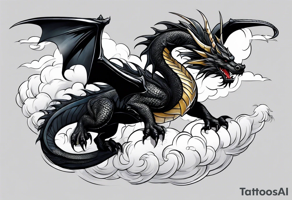 Black dragon with a dagger tail. In the clouds with lightning. tattoo idea
