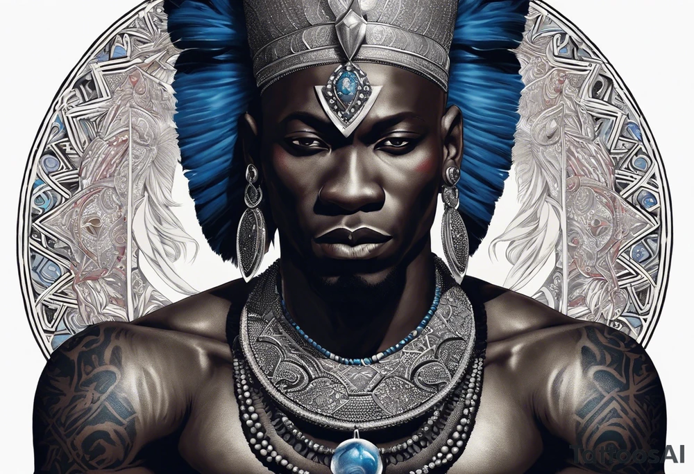 An african god, a bald black-skinned warrior, that uses a sword and a silver crown. He also uses blue and red necklaces tattoo idea