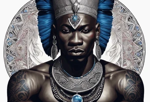 An african god, a bald black-skinned warrior, that uses a sword and a silver crown. He also uses blue and red necklaces tattoo idea