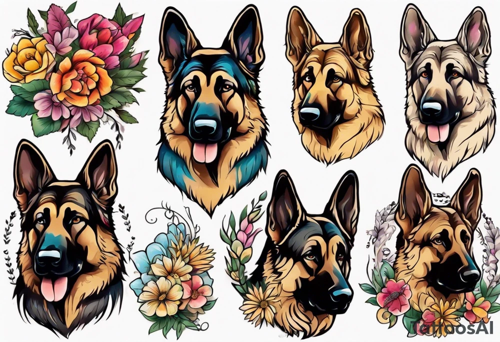 Sable haired German shepherd portrait brightly colored with flowers tattoo idea