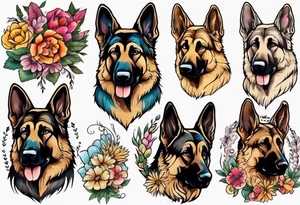 Sable haired German shepherd portrait brightly colored with flowers tattoo idea