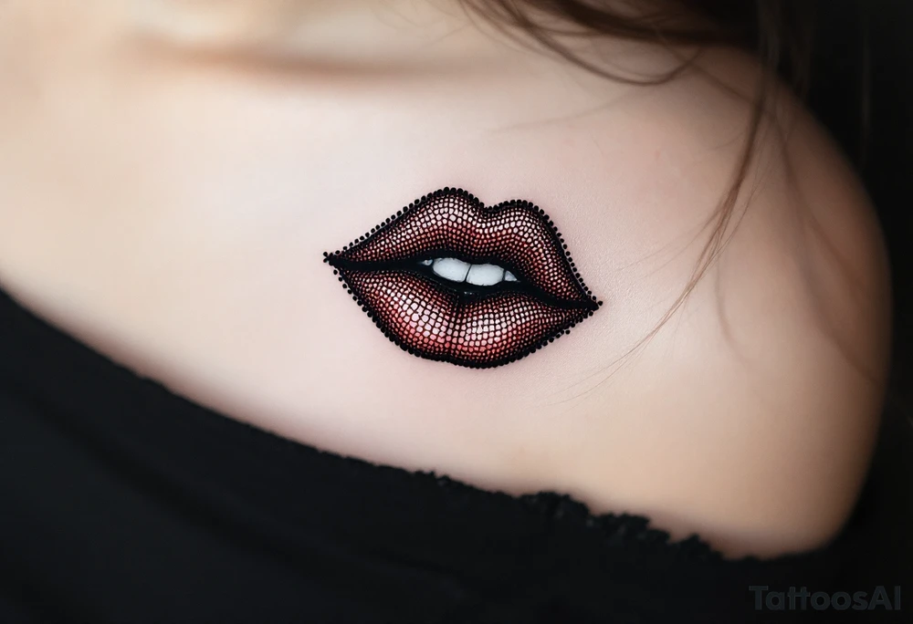 Dot-Work Kiss – A stippling-effect lip print, using only small dots to create shading and depth. tattoo idea