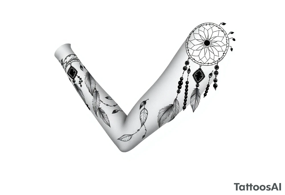 native dreamcatcher with flowing feathers and sacred beads tattoo idea