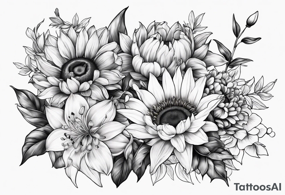 Bouquet of sunflower, lily, peony, cherry blossom and tulip tattoo idea