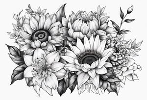 Bouquet of sunflower, lily, peony, cherry blossom and tulip tattoo idea