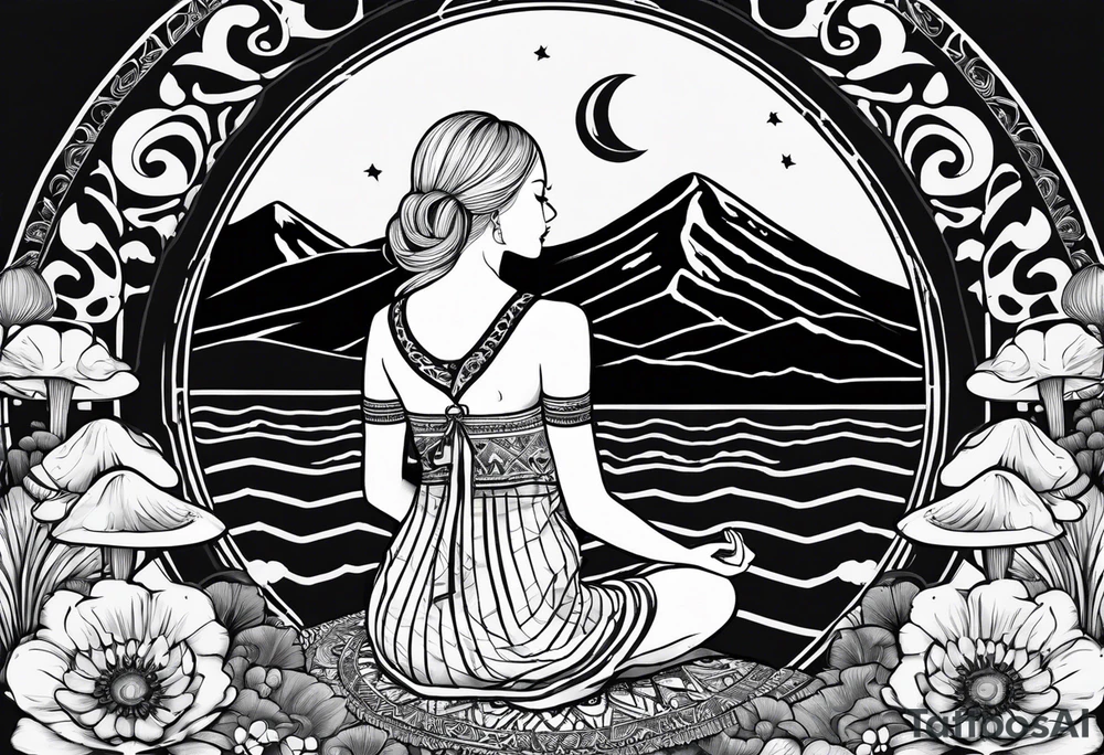 Straight blonde hair girl meditating facing away toward mountains surrounded by mushrooms crescent moon mandala circular design black and white striped dress tattoo idea
