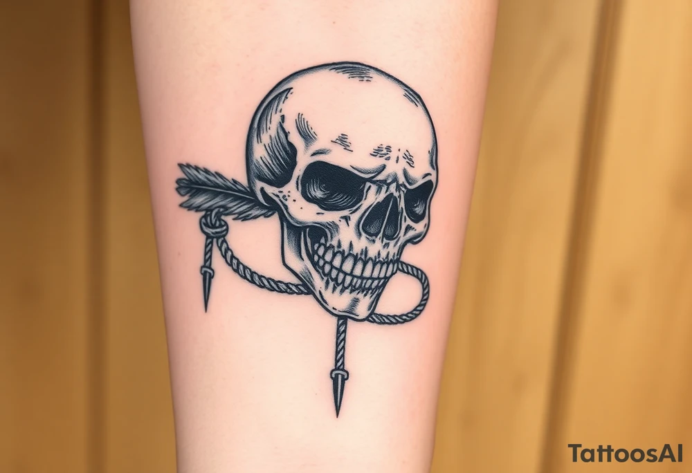 tattoo depicts a detailed skull with large fangs and ropes tied around it. The skull is surrounded by black feathers, with part of another skull visible underneath. The tattoo is done in a black and gray technique, which gives it a dramatic and mystical look tattoo idea