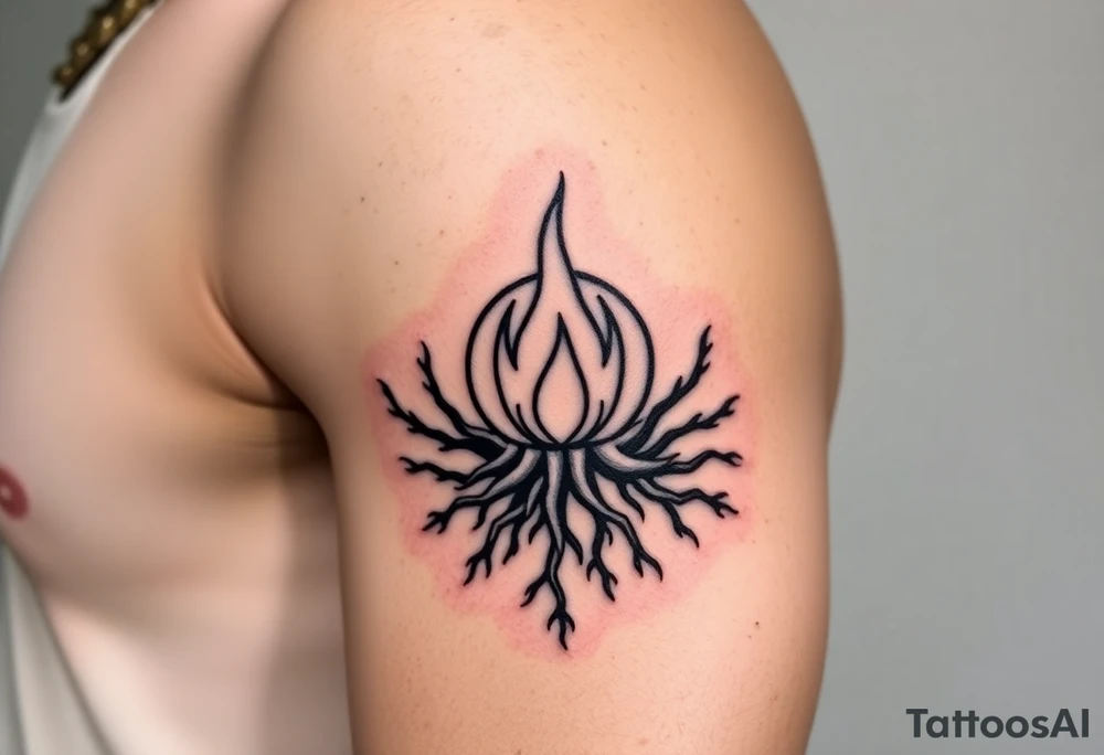 a round flame imprisoned in multiple roots tattoo idea