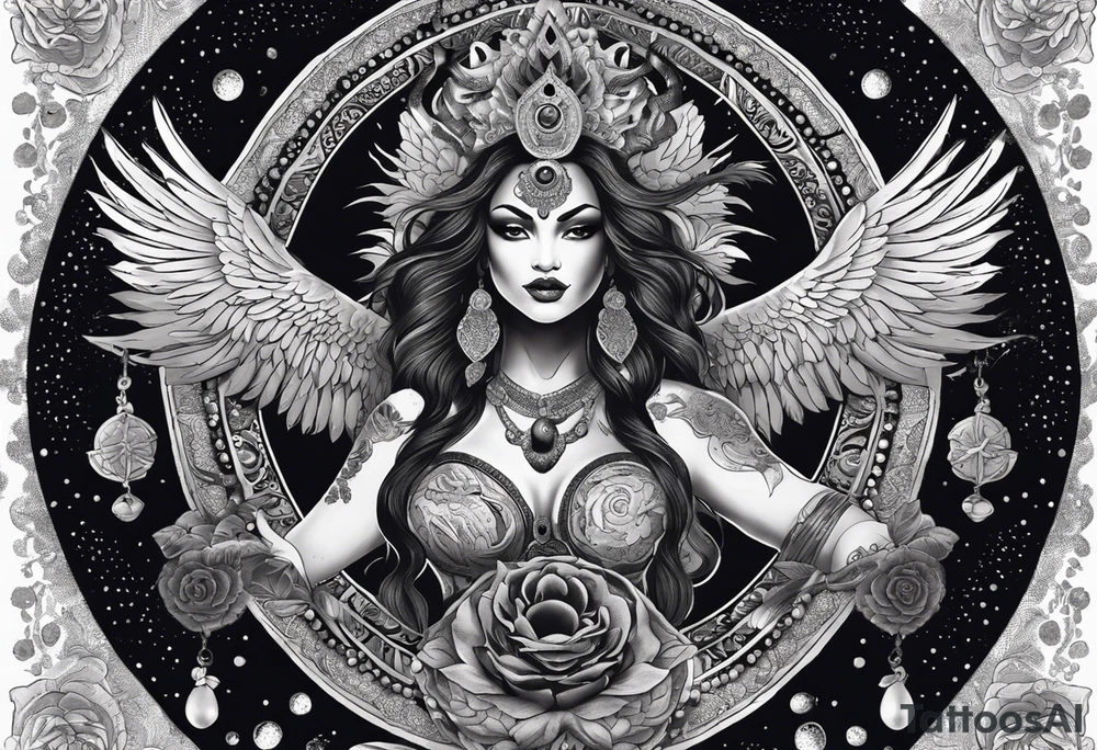 black kali, goddess pirate, alien, angel, pachamama, valkrye, warrior, flying, skull, lotus azul, wing, eagle, zenza resonance, stars, 5D, anahata chakra, death, durga, riding on a tiger, flying lady, kundalini, chest tatoo, samuri, rebel, serpent tattoo idea