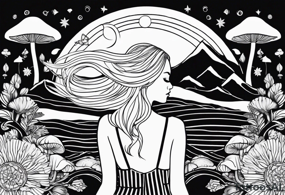 Straight blonde hair girl facing away toward mountains surrounded by mushrooms crescent moon mandala circular design black and white striped dress "8" in hair tattoo idea