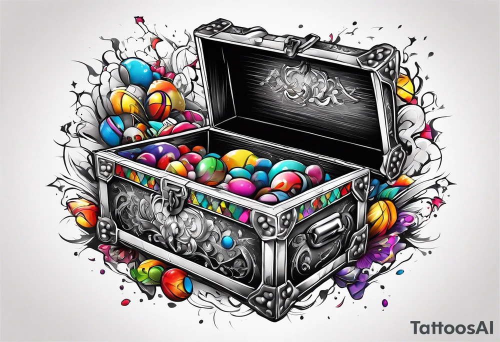 Toy box locked with colors bursting out through the cracks/sides tattoo idea