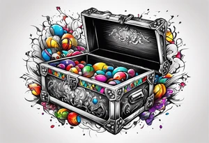 Toy box locked with colors bursting out through the cracks/sides tattoo idea