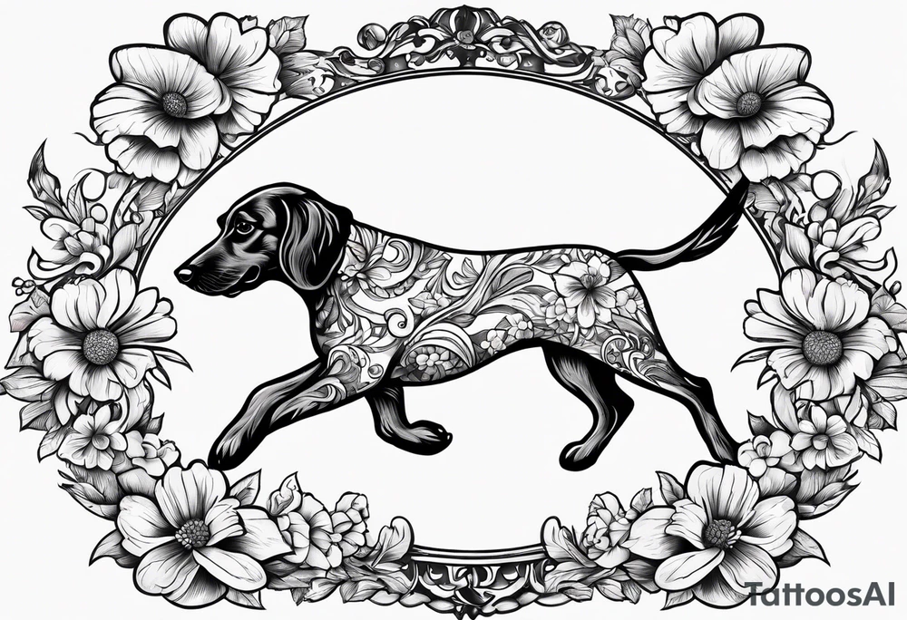 2 miniature dashound running outline and a long haired dashound outline running with Bones and bows and balls and flowers around tattoo idea