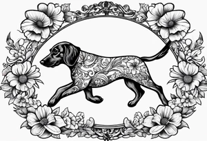 2 miniature dashound running outline and a long haired dashound outline running with Bones and bows and balls and flowers around tattoo idea