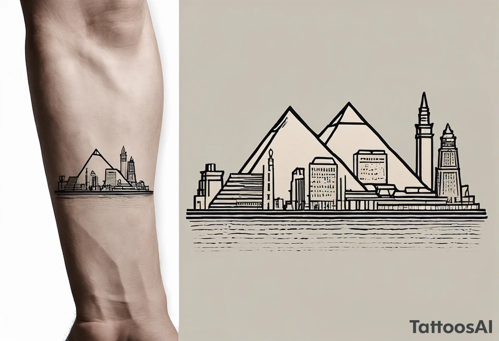 Craft a concise yet powerful tattoo that blends the Pyramids of Giza with the Manhattan skyline as the backdrop, seamlessly integrating the Nile River with the Hudson River. Keep it simple, focusing on key elements like pyramid silhouettes and iconic skyscrapers, allowing the rivers to converge naturally. Opt for a balanced composition with minimal detailing, capturing the essence of your Egyptian heritage alongside your life in New York tattoo idea