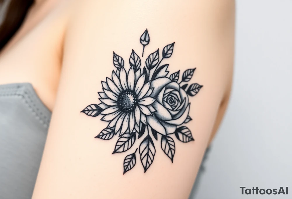 bouquet of 2 flowers, a sunflower and a rose surrounded by a lot greenery, leaves and smaller flower buds. tattoo idea
