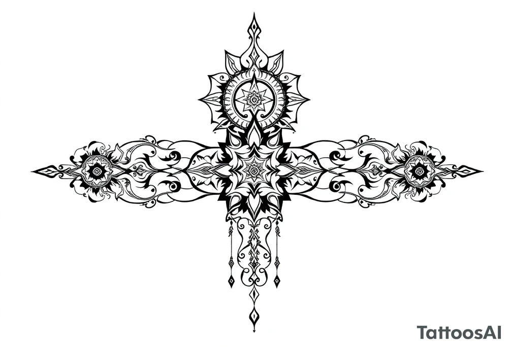 mystical long ornament tattoo with shaman and witch style and ancient rhyme tattoo idea