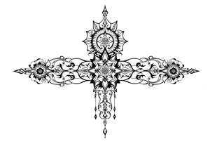 mystical long ornament tattoo with shaman and witch style and ancient rhyme tattoo idea