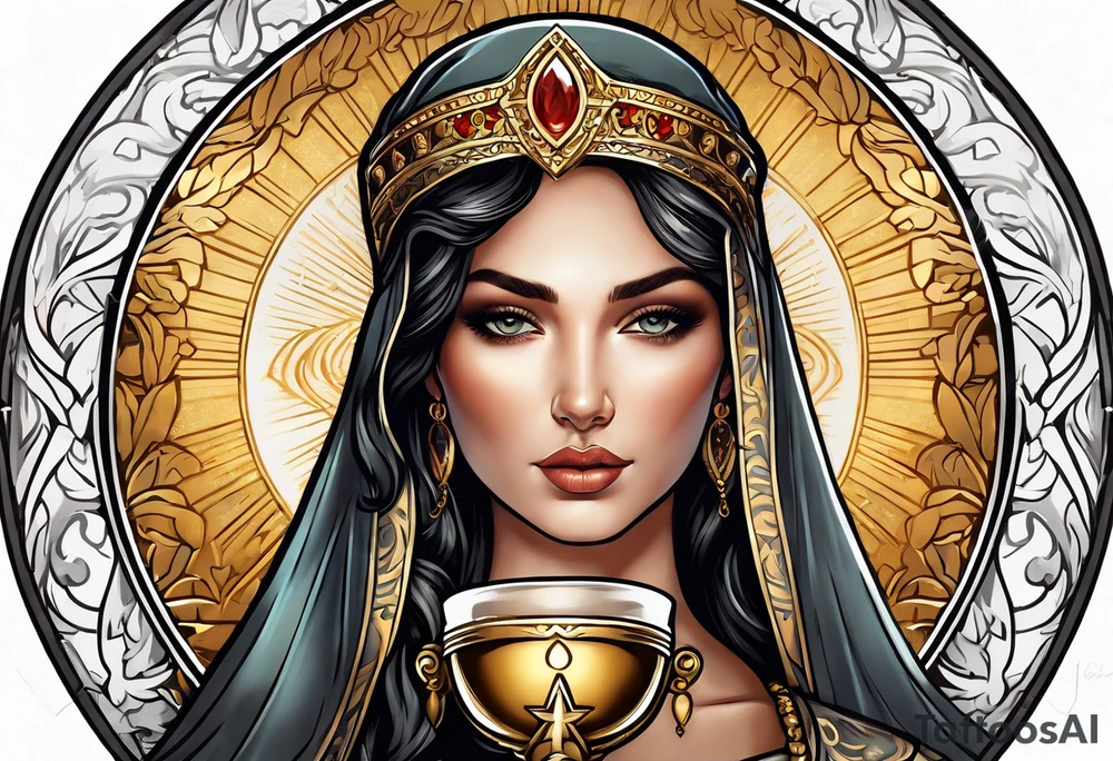 woman saint holding chalice surrounded by golden halo portrait tattoo idea