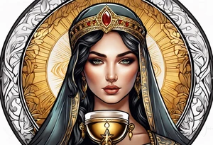 woman saint holding chalice surrounded by golden halo portrait tattoo idea
