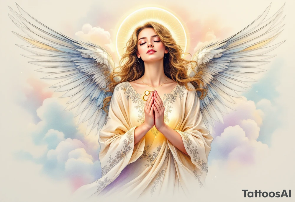A majestic guardian angel with soft, flowing wings, gently cradling a pair of intertwined golden wedding rings in its hands. The angel’s robe is made of delicate white and silver filigree patterns, flowing like silk in the wind. A radiant halo of soft golden light hovers above its head, casting a gentle glow. The background features subtle pastel clouds in shades of pale pink, lavender, and sky blue, giving the design a dreamy, ethereal feel. tattoo idea