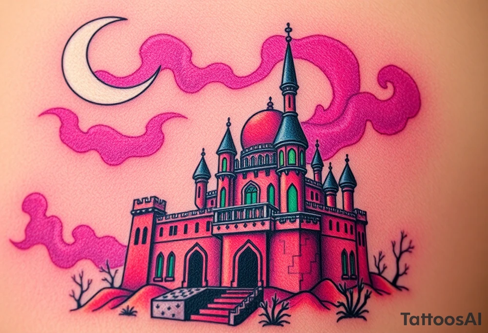 Tim Burton’s haunted Arabian castle is abandoned and dripping with muted reds, dusty pinks, and eerie green glow.purple and cyan smokey clouds swirl in the crescent moonlit sky thats sprinkled with stars tattoo idea tattoo idea