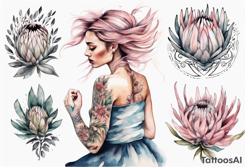 Very feminine tattoo with a woman dancing in a wind of protea flowers tattoo idea