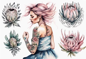 Very feminine tattoo with a woman dancing in a wind of protea flowers tattoo idea