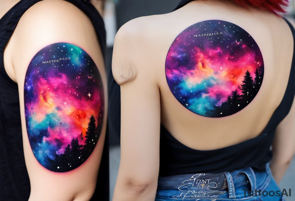 I want a nebula space galaxy s kinda shape 
tattoo that's colorful and bright and cute and is nice to look at I don't want a traditional circle I want it like the ones thay look like an s shape and this tattoo will be on my left buttcheek and light colors I want more spread and less circle side to life Left to right a spiral galaxy in prominently blue light or dark tattoo idea