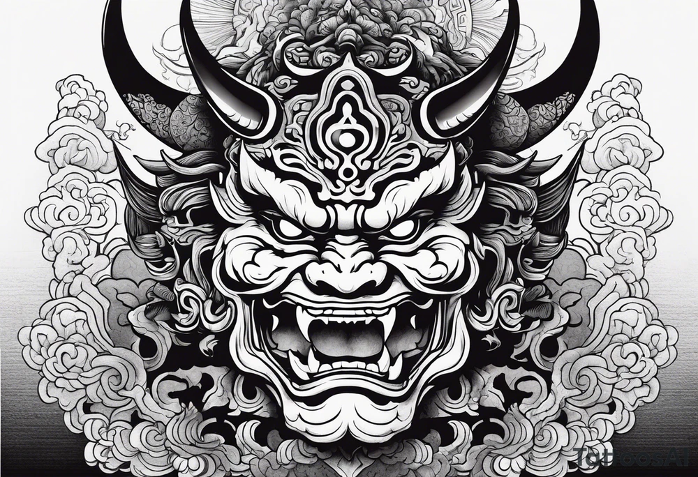 Japanese oni demon facing half sideways with subtle smoke coming out its mouth. With some Japanese cultural things surrounding it tattoo idea