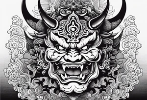 Japanese oni demon facing half sideways with subtle smoke coming out its mouth. With some Japanese cultural things surrounding it tattoo idea