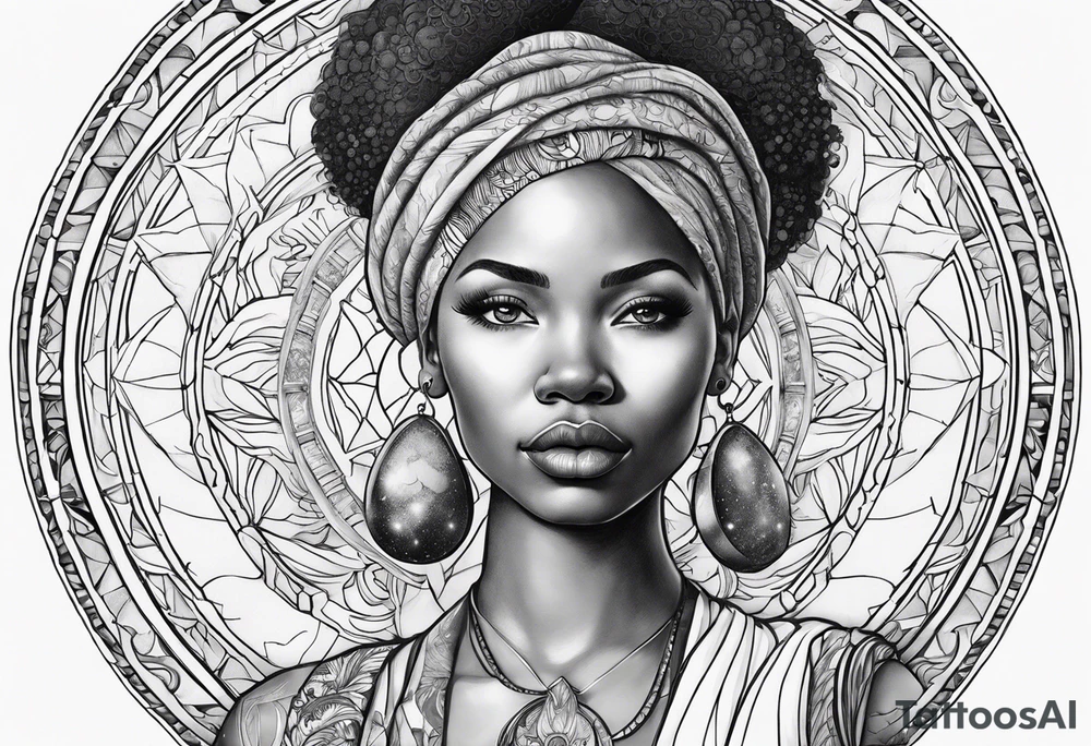 Black woman, enlightenment, wisdom, astronomy, cancer zodiac, natural tattoo idea
