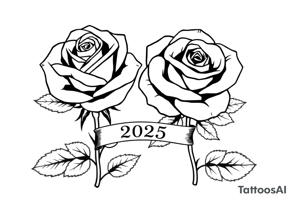 two beautiful large rose buds, one larger than the other, with many leaves next to the rose buds, with one sitting slightly higher than the other, side-by-side.  Include a banner connecting the two roses with the year 2025 on it.   Use dark outlines with little shading. No stems tattoo idea