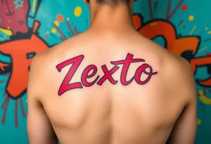 A bright colored graffiti style background with the name Zexto in script tattoo idea