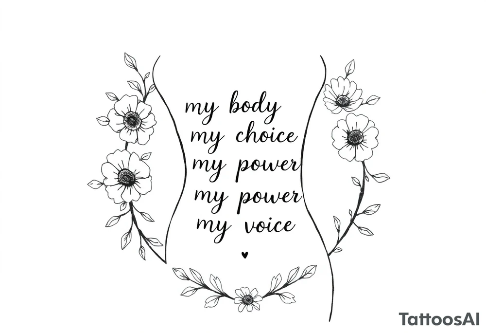 My body my choice my power my voice inside the outline of a Curvy tattooed woman's body with a floral frame around it tattoo idea