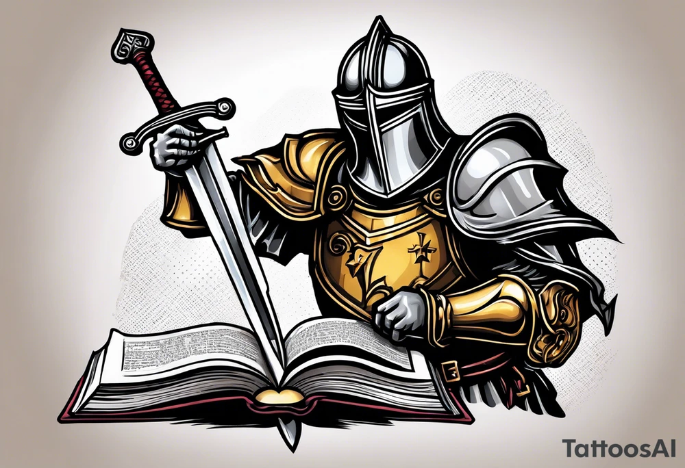 a knight pulling a sword out of an open bible tattoo idea