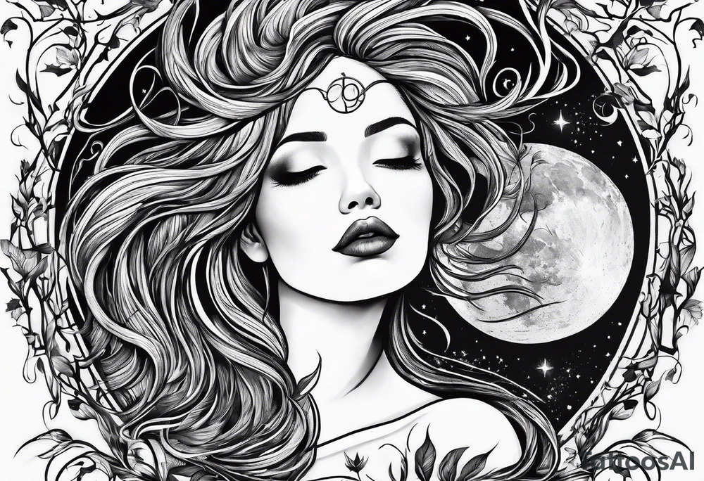 virgo sign made out of tree roots and woman in moon tattoo idea