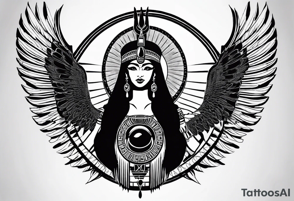 black and white Egyptian goddess Isis, who is often depicted as a woman with outstretched wings, holding an ankh (a symbol of life) in one hand and a lotus flower in the other. Her headdress often includes a throne or a solar disk. The tattoo design can vary in style and size, but it typically aims to capture the essence of this revered Egyptian deity, emphasizing her beauty, power, and maternal qualities. The choice of colors and additional elements can also be customized to create a unique and visually striking representation of the goddess Isis tattoo idea